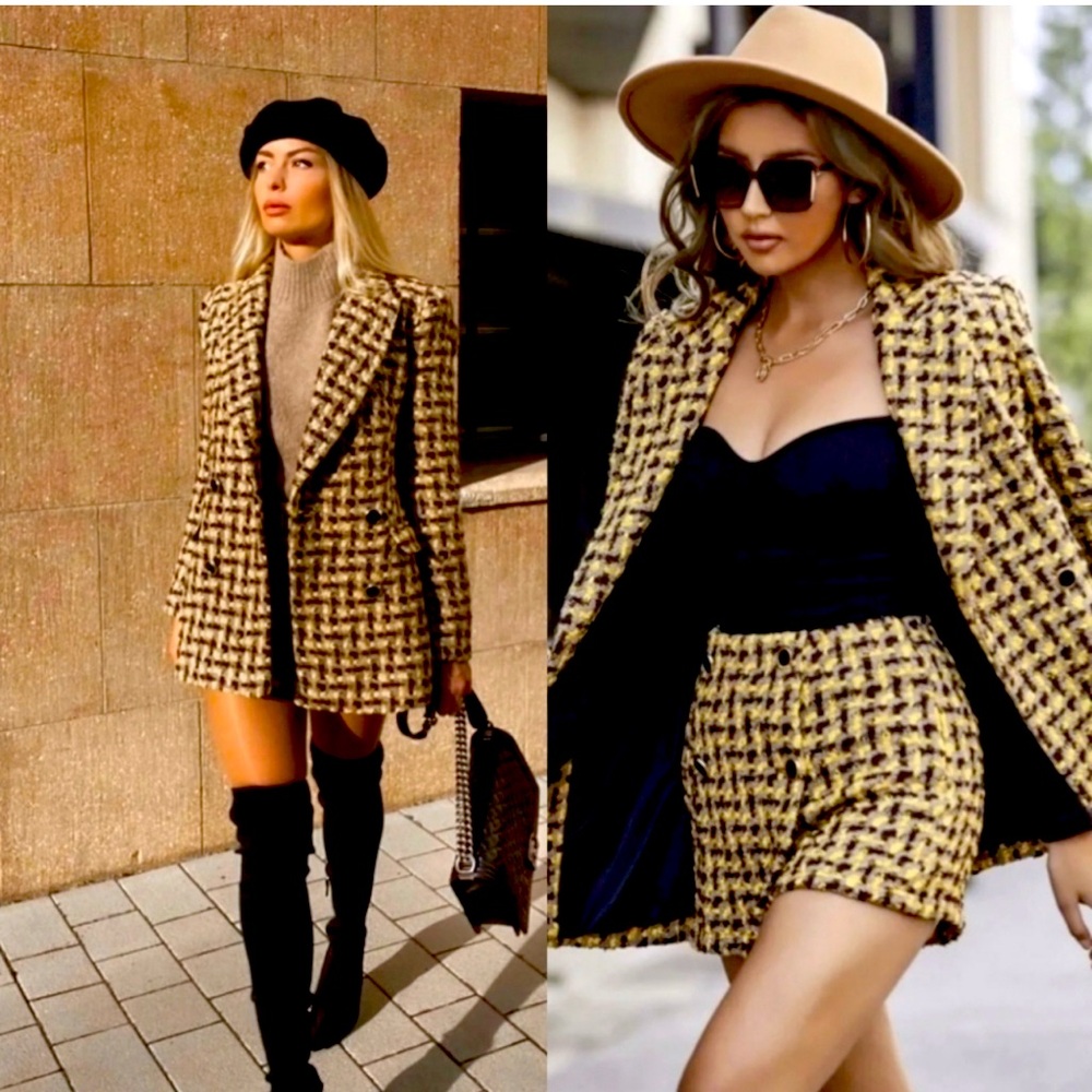 ZARA Textured Tweed Blazer in ⚜️Gold & Brown⚜️Size Small